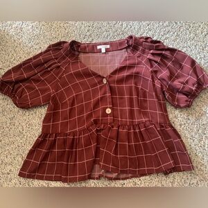 Burgundy Plaid Peplum Top
